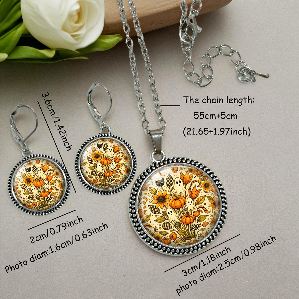 3pcs Pumpkin Halloween Necklace & Earrings Set, Unisex